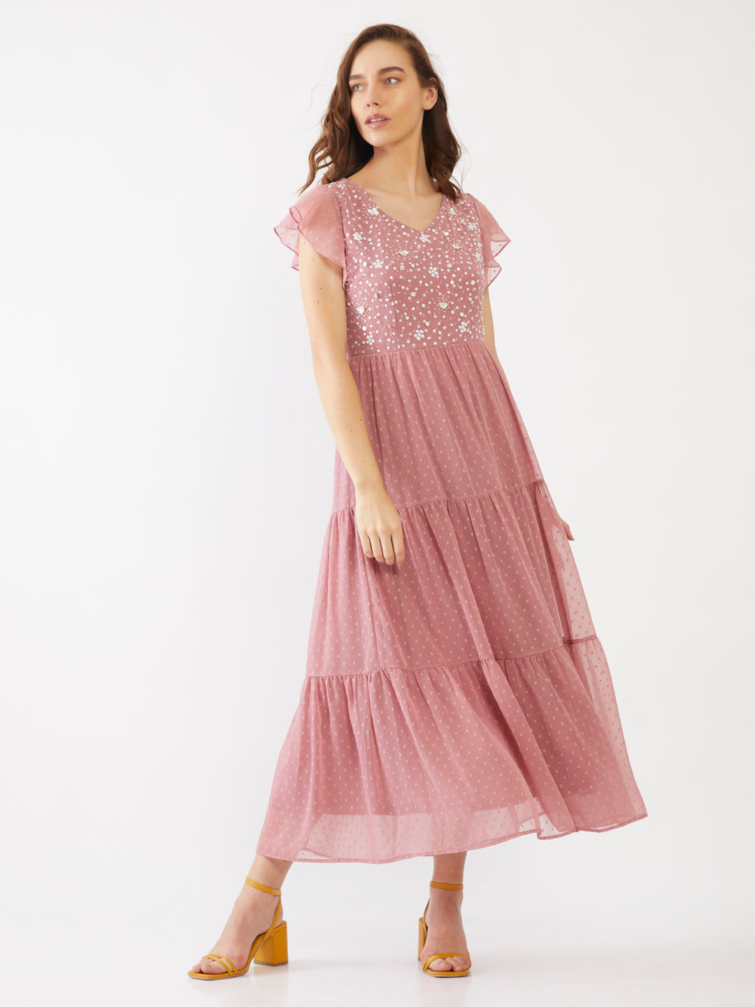 Peach Embellished Tiered Maxi