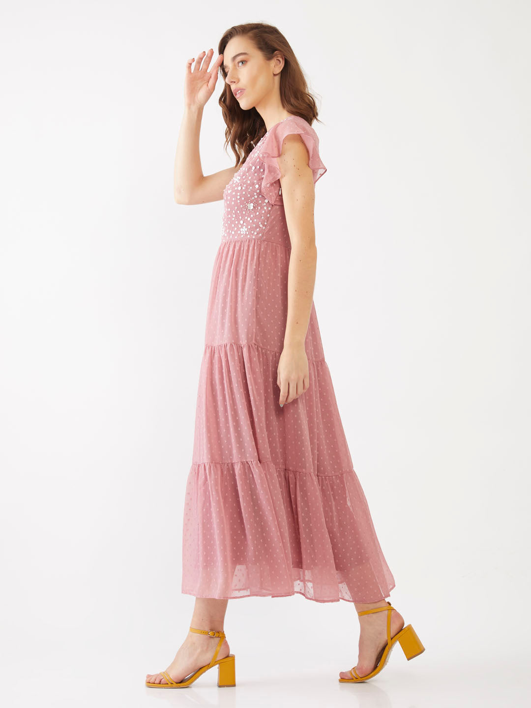 Peach Embellished Tiered Maxi