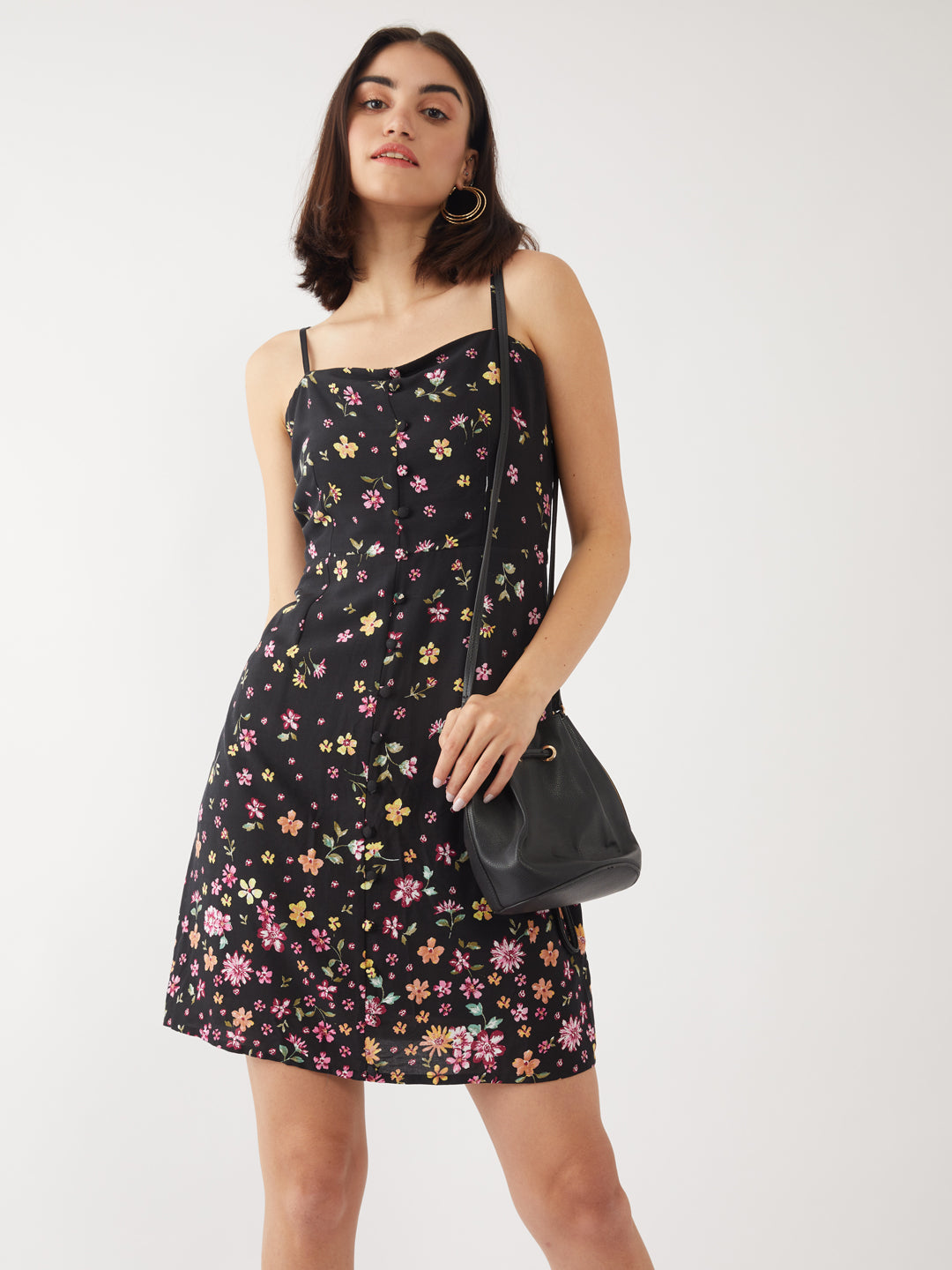 Black Floral Print Strappy Short Dress