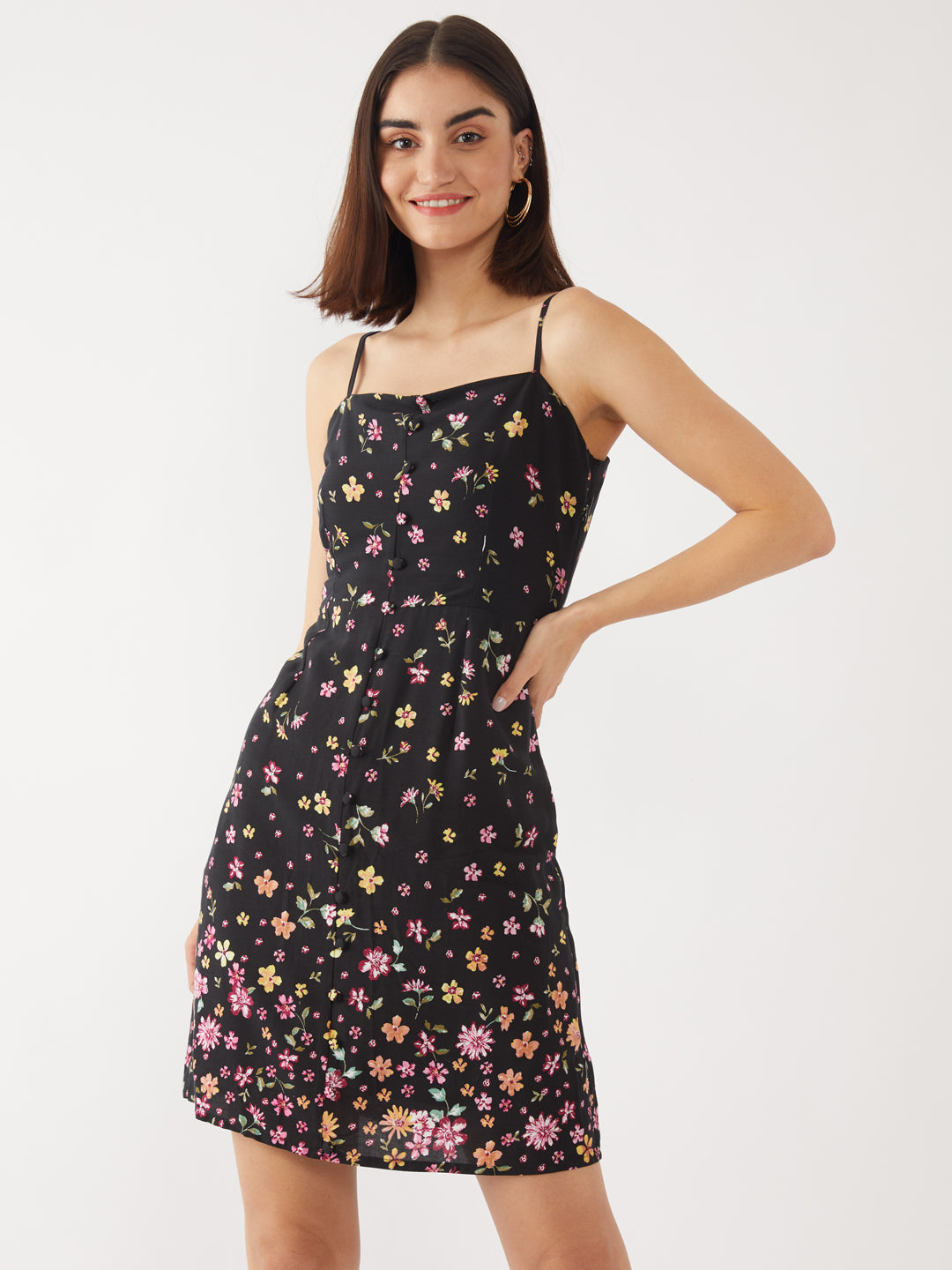 Black Floral Print Strappy Short Dress