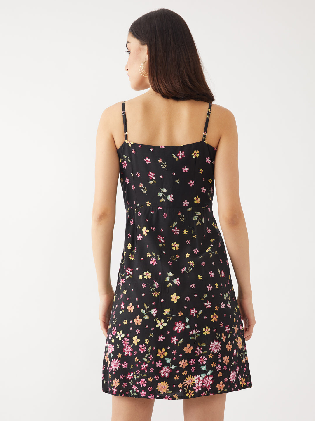 Black Floral Print Strappy Short Dress