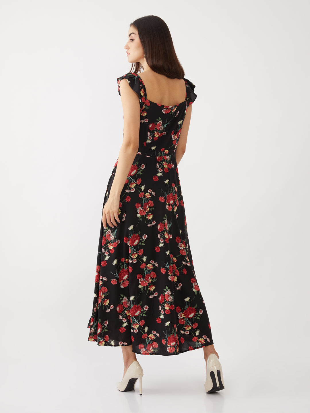 Black Floral Print Strappy Maxi Dress