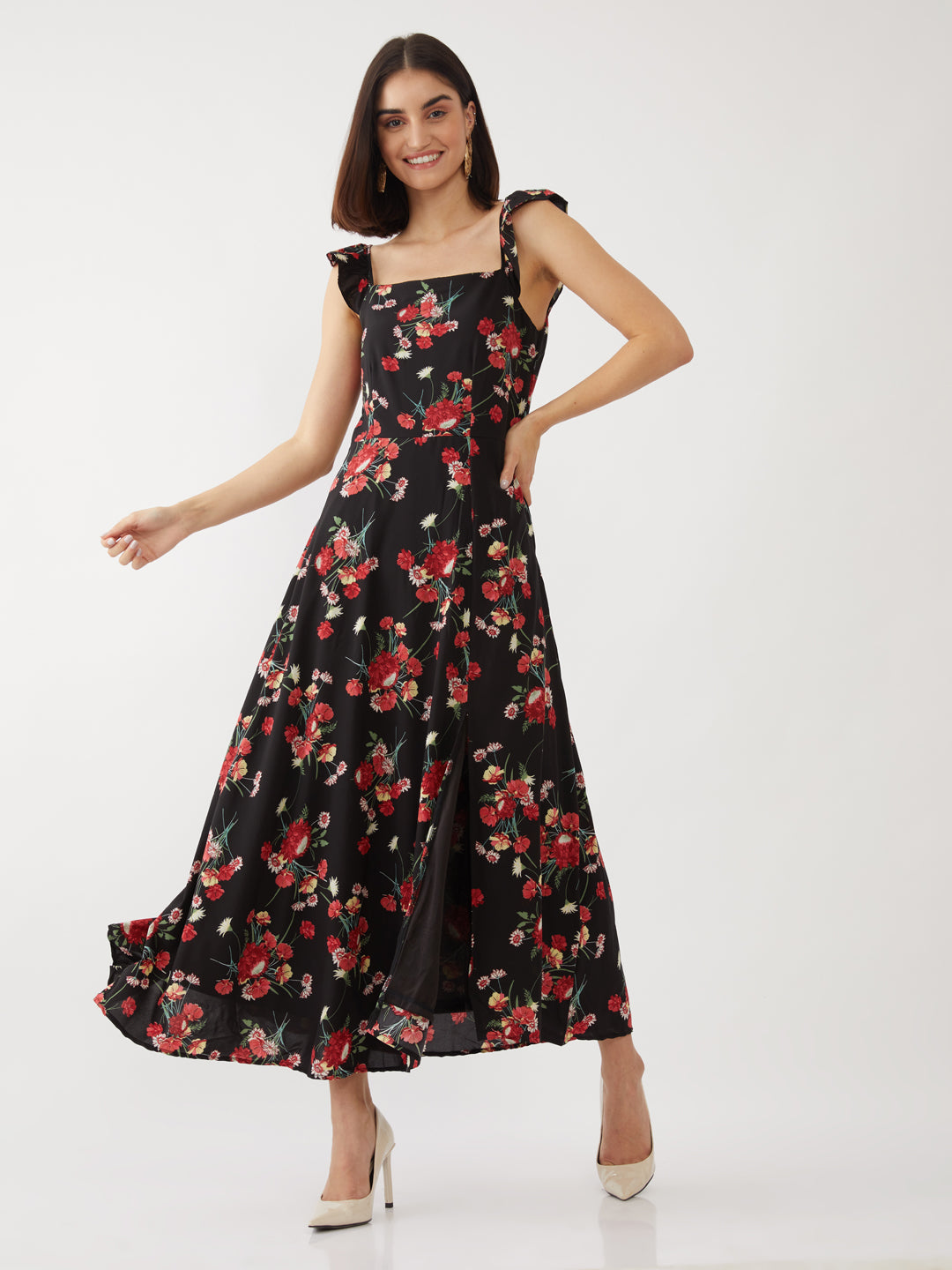 Black Floral Print Strappy Maxi Dress