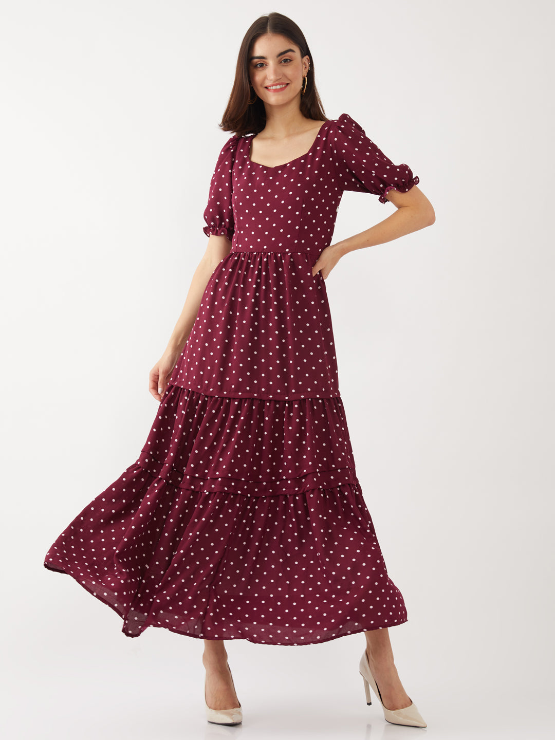 Maroon Printed Tiered Maxi