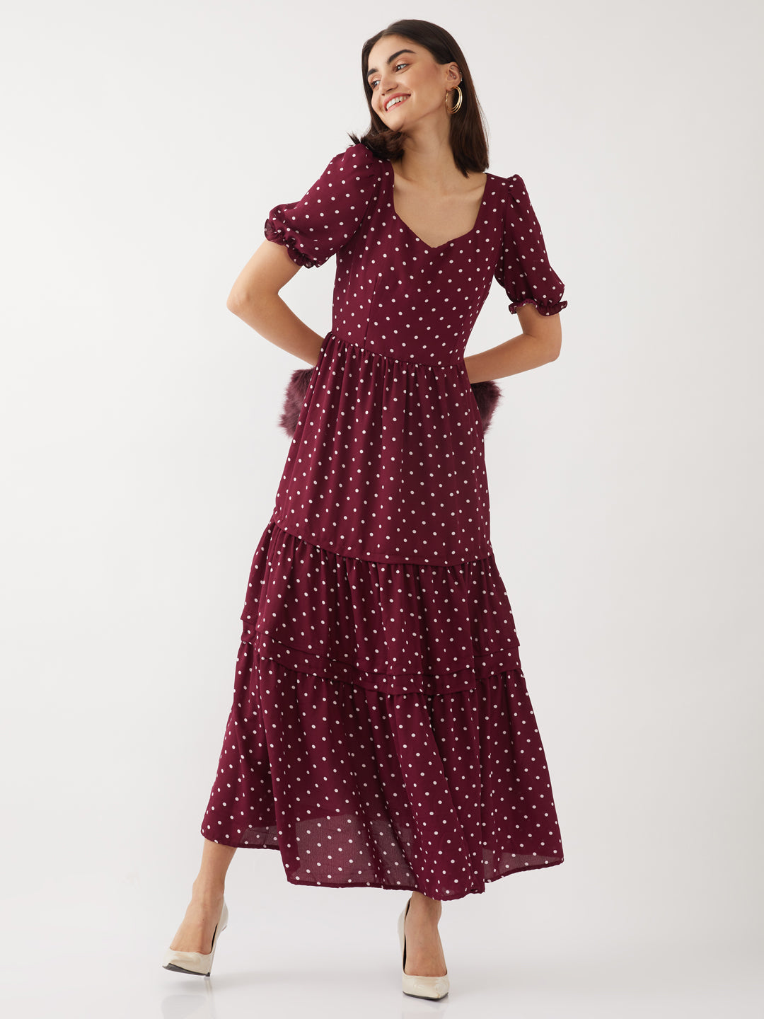 Maroon Printed Tiered Maxi