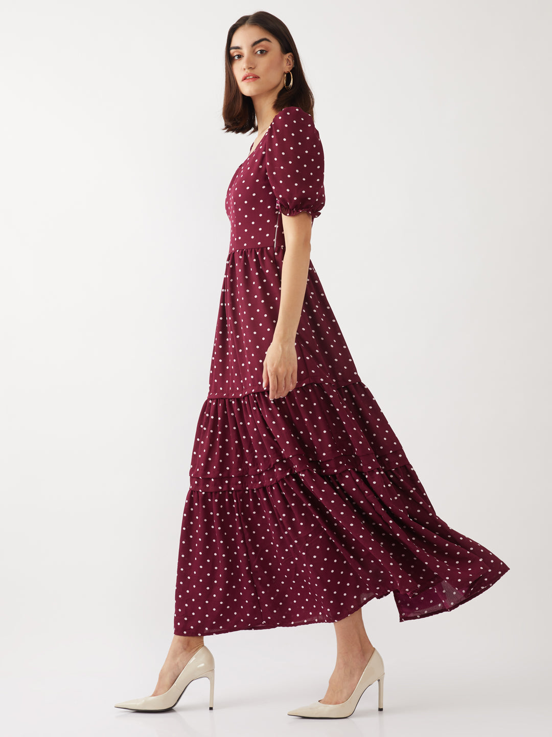 Maroon Printed Tiered Maxi