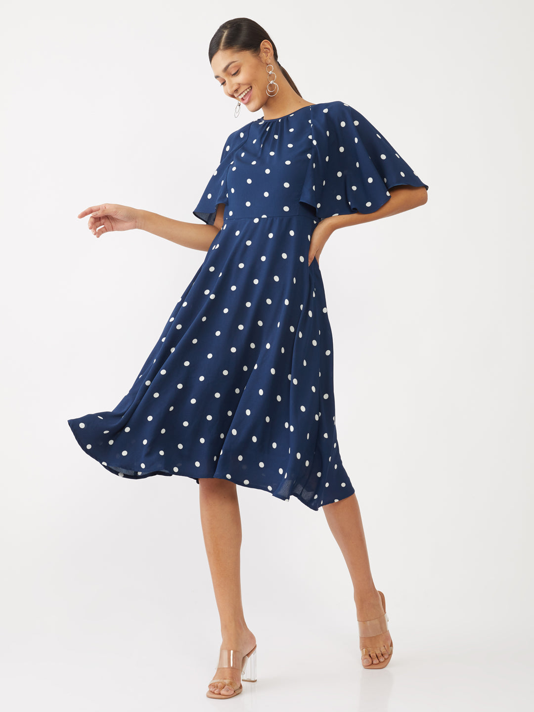 Blue Printed Flared Sleeve Midi Dress