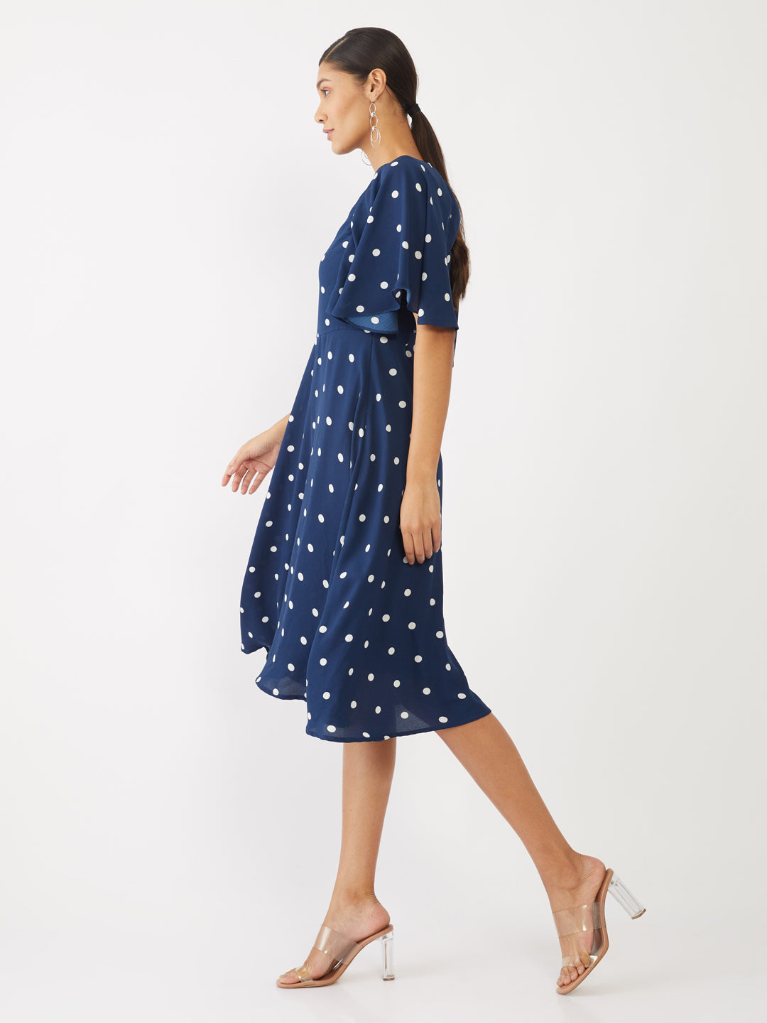 Blue Printed Flared Sleeve Midi Dress