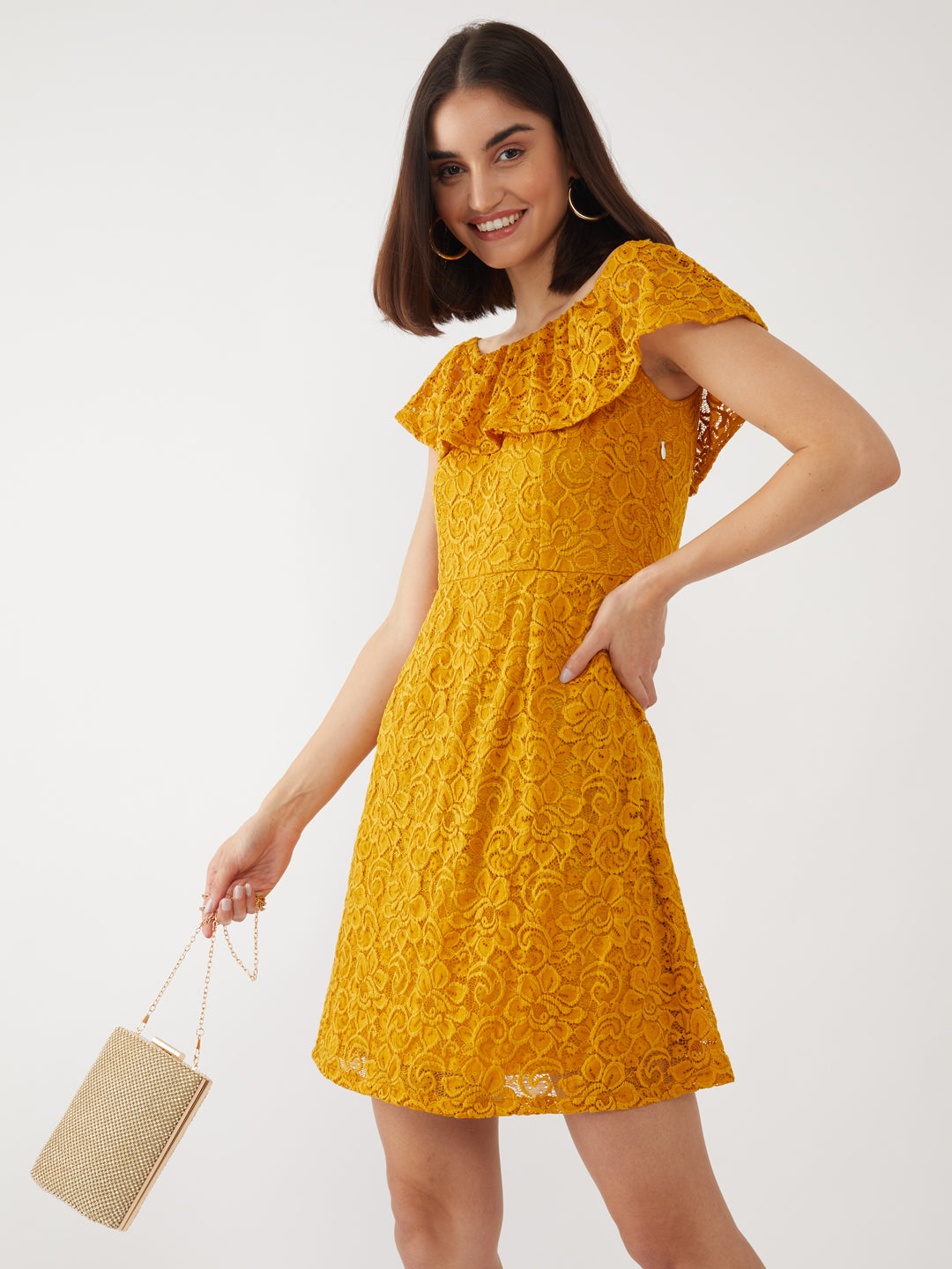 Yellow Lace Off-shoulder Short Dress