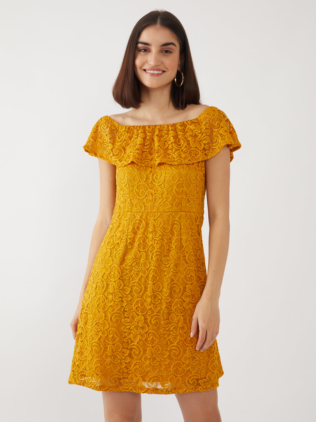 Yellow Lace Off-shoulder Short Dress