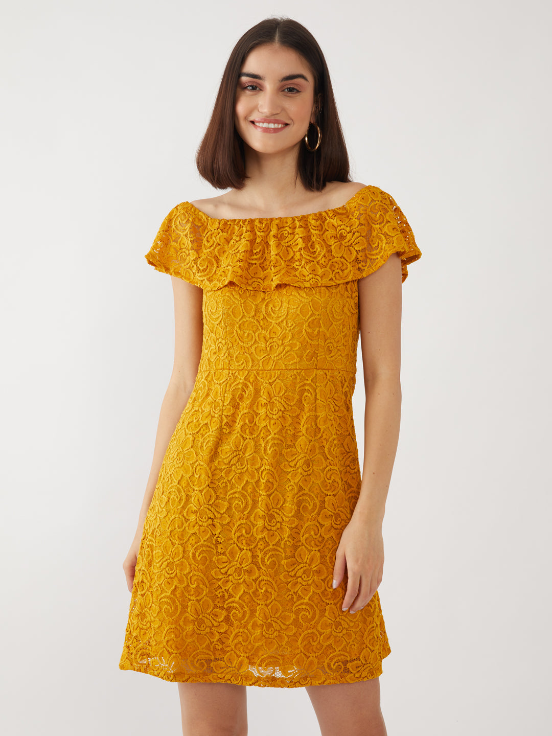 Yellow Lace Offhoulder Short Dress For Women