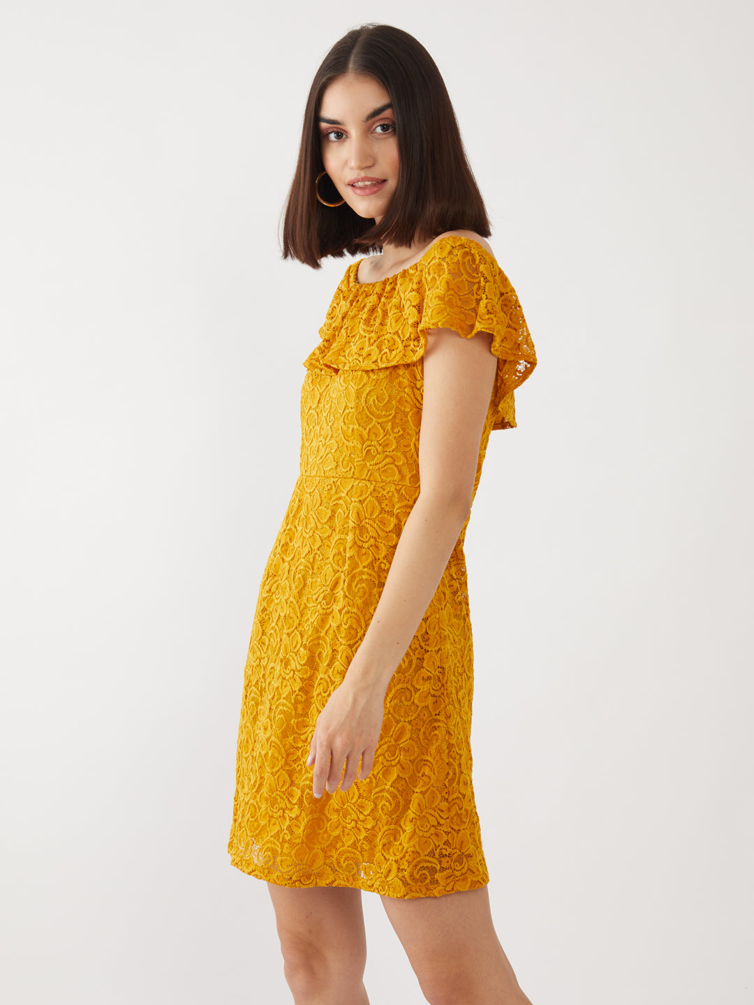 Yellow Lace Off-shoulder Short Dress