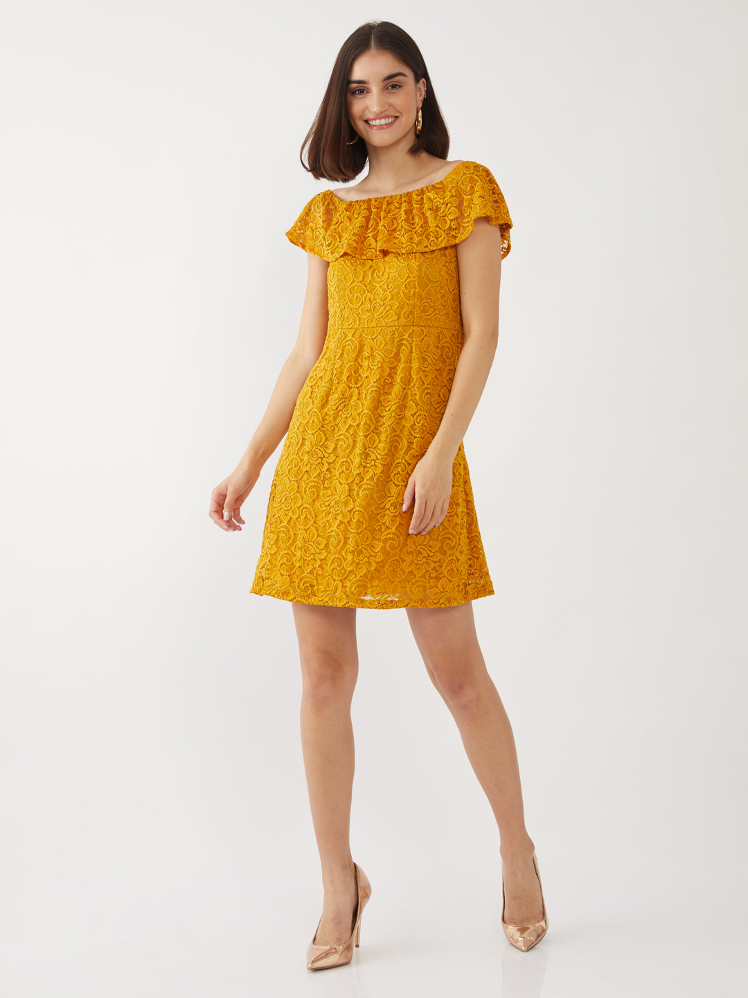 Yellow Lace Off-shoulder Short Dress