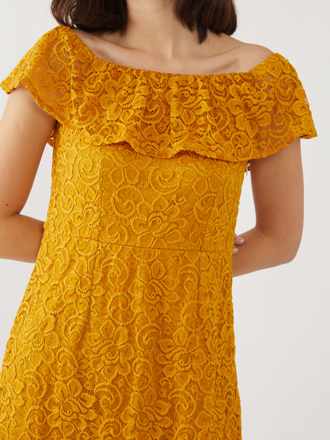 Yellow Lace Off-shoulder Short Dress