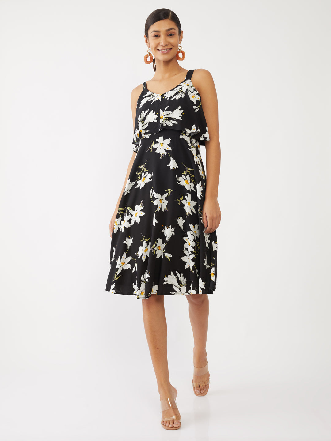 Black Printed Layered Midi Dress