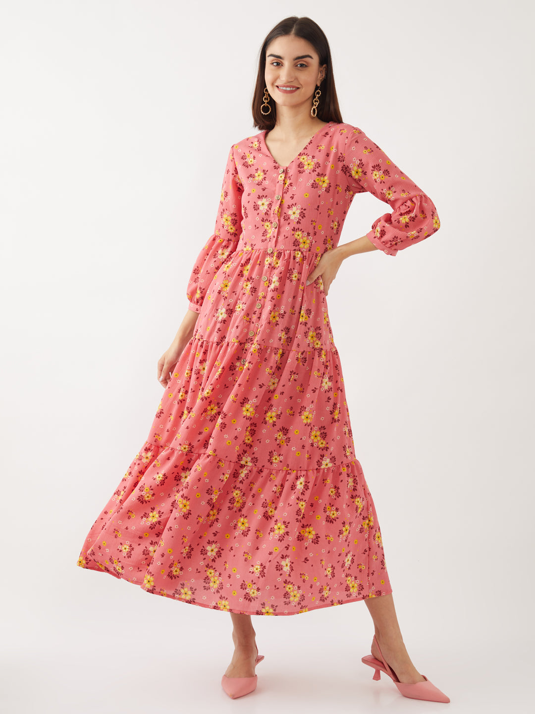 Peach Printed Puff Sleeve Maxi