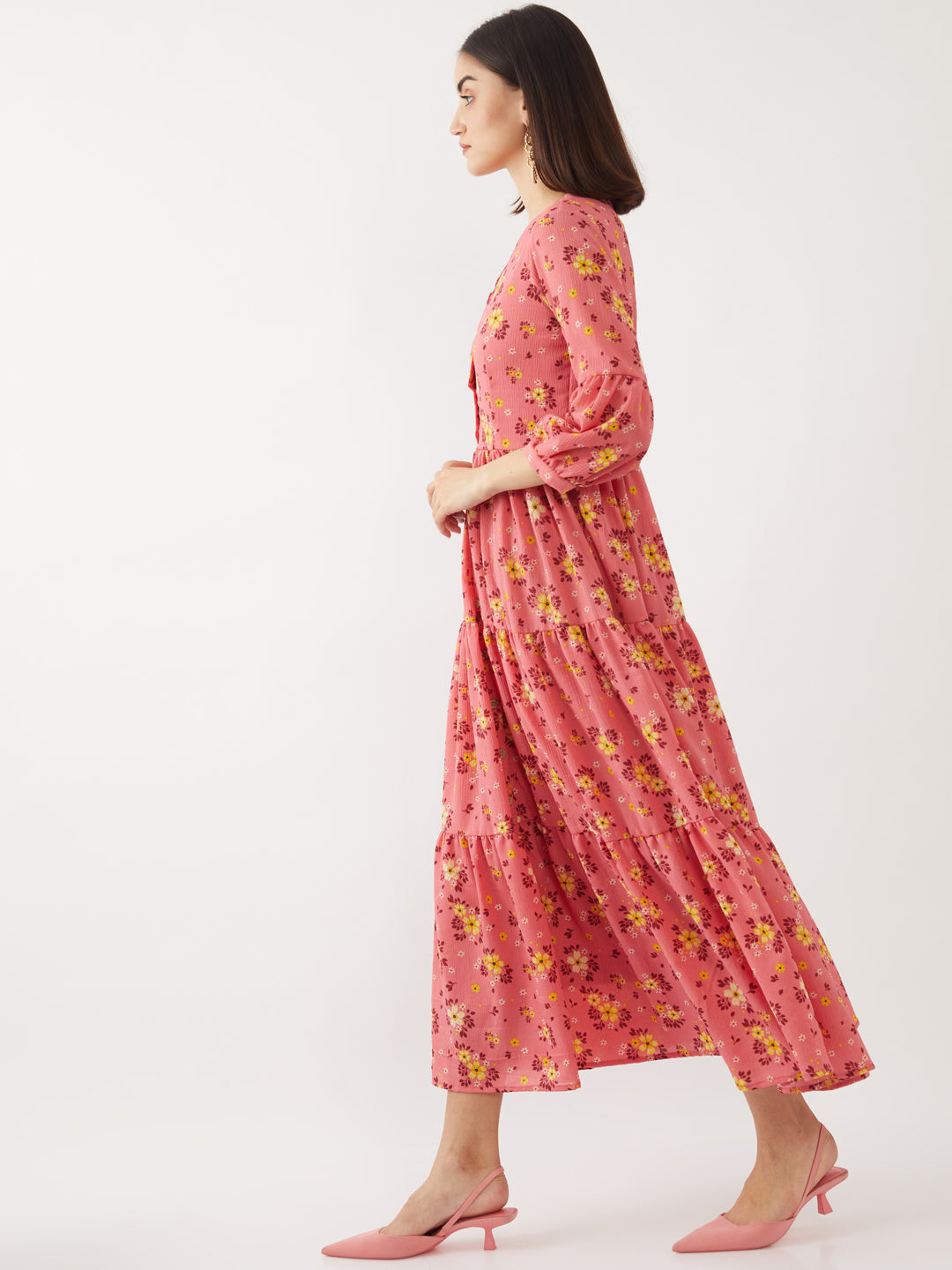 Peach Printed Puff Sleeve Maxi