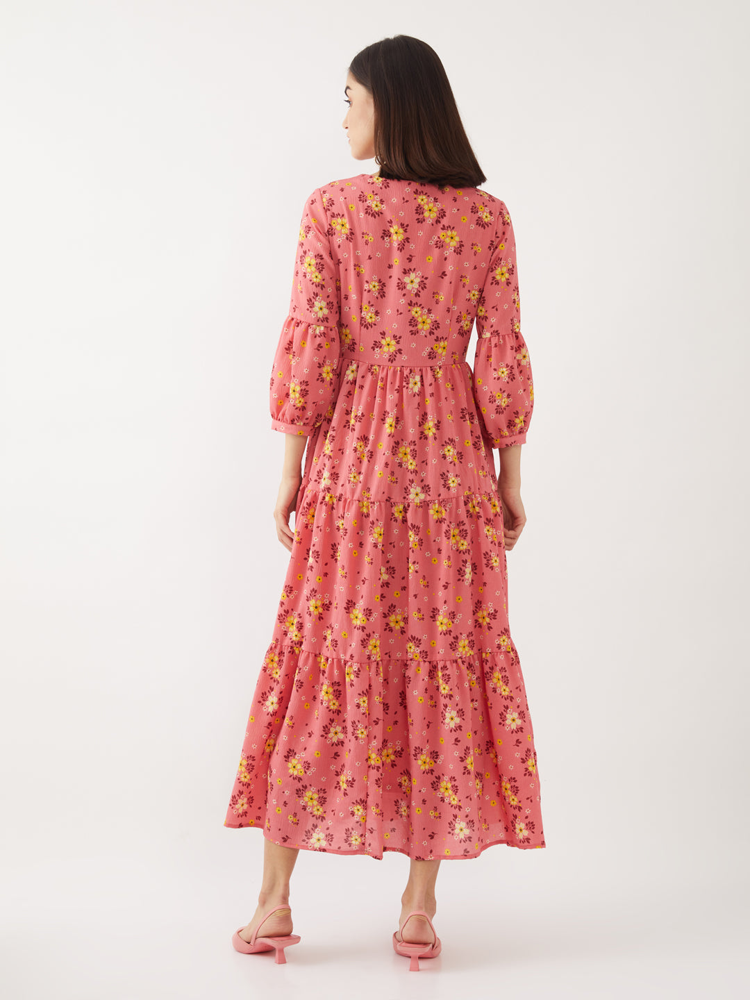 Peach Printed Puff Sleeve Maxi