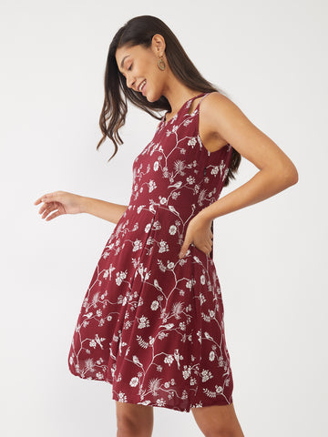 Maroon Printed Strappy Short Dress For Women