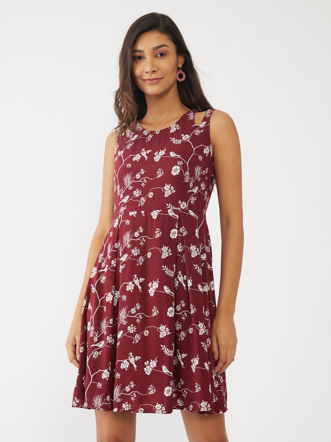Maroon Printed Strappy Short Dress For Women