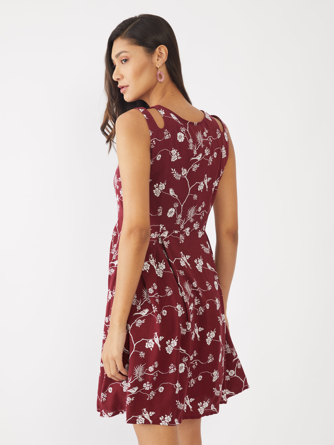 Maroon Printed Strappy Short Dress For Women