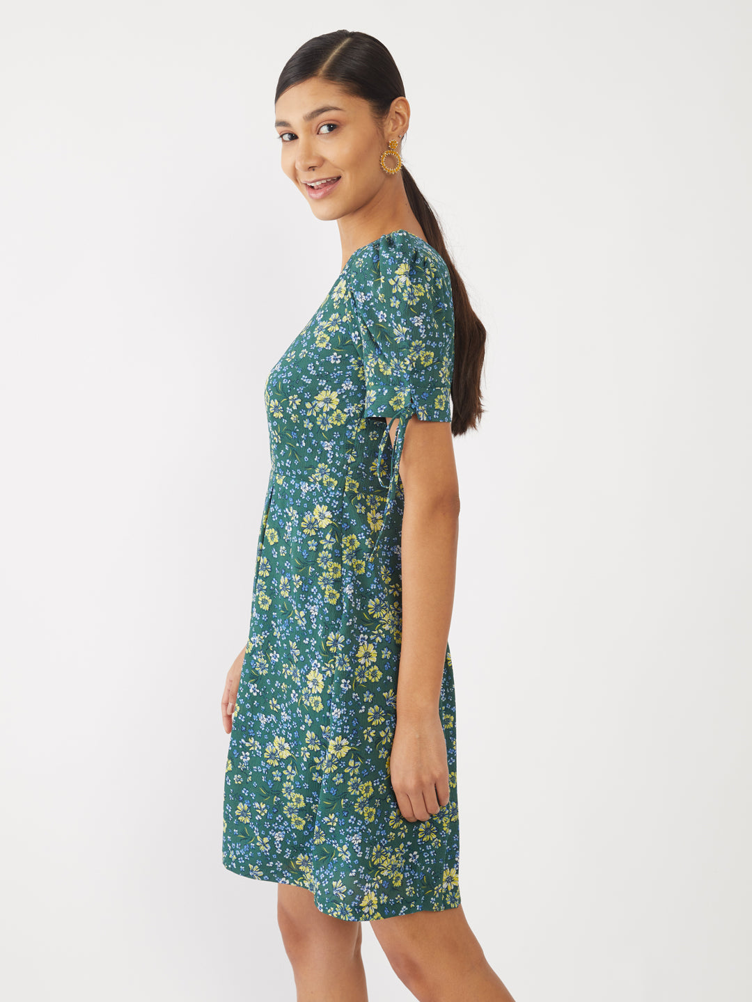 Green Printed Puff Sleeve Short Dress For Women