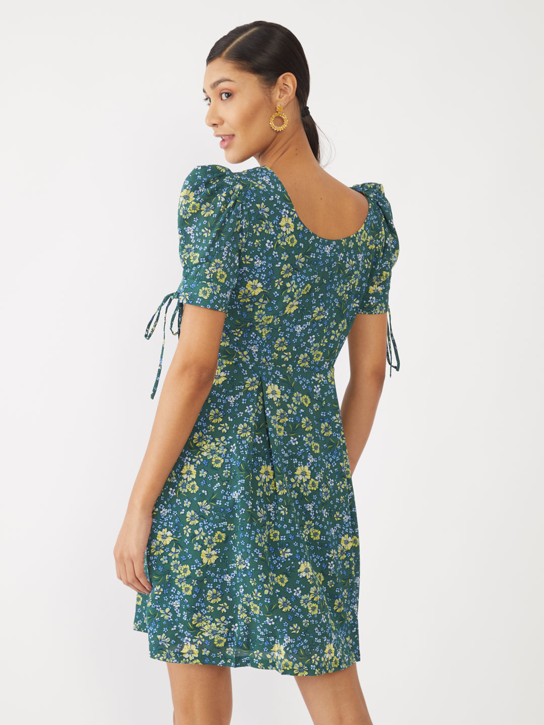 Green Printed Puff Sleeve Short Dress