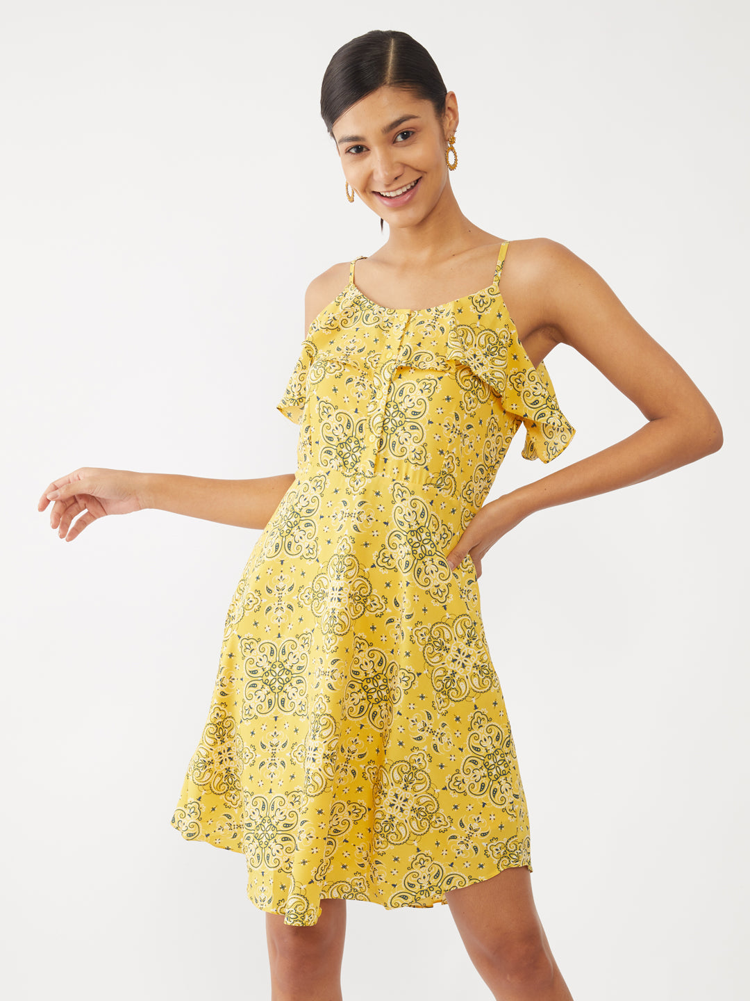 Yellow Printed Strappy Short Dress