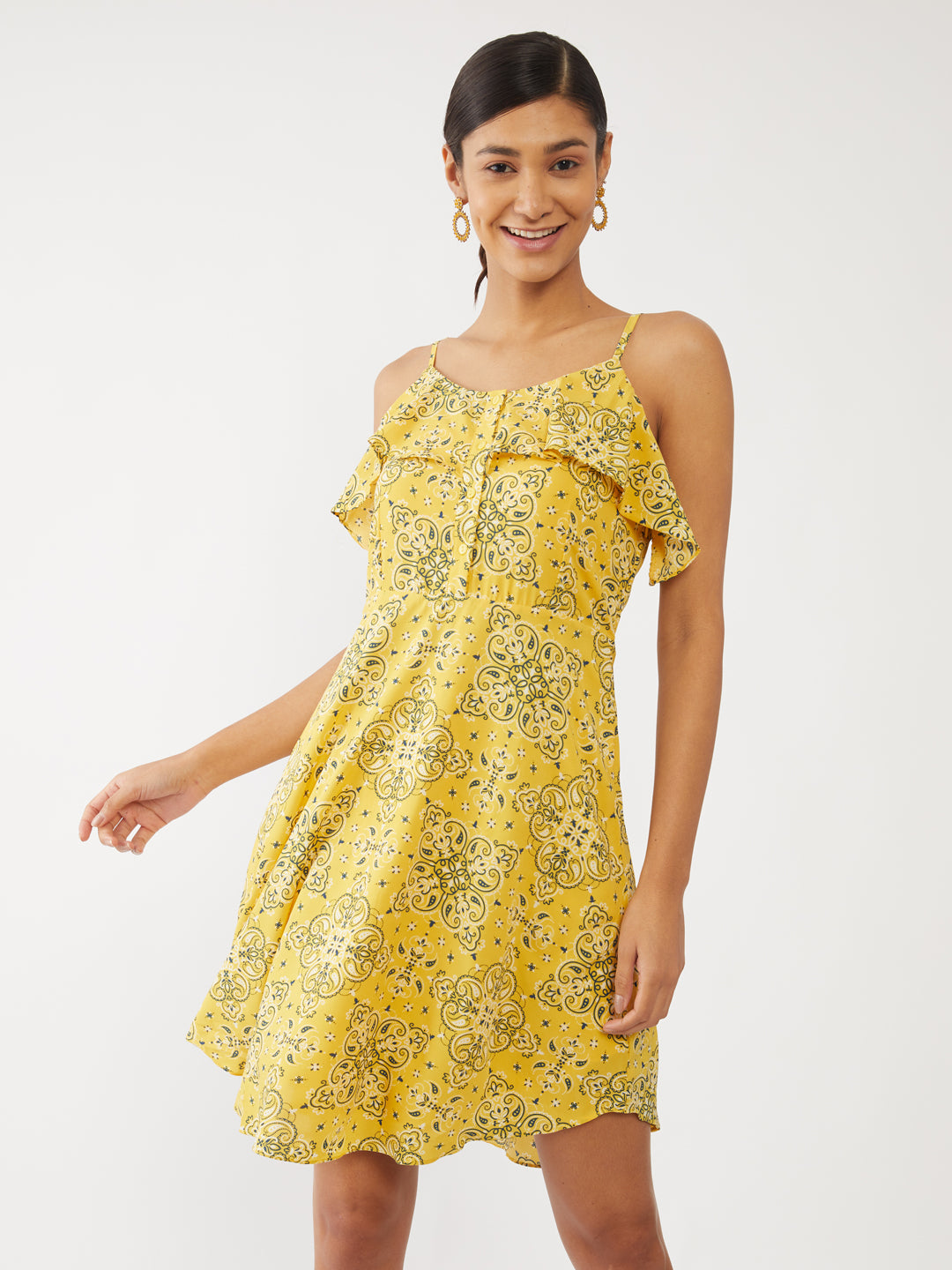 Yellow Printed Strappy Short Dress