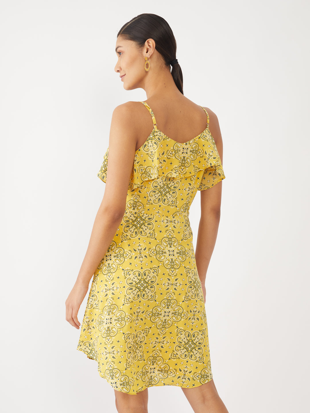 Yellow Printed Strappy Short Dress