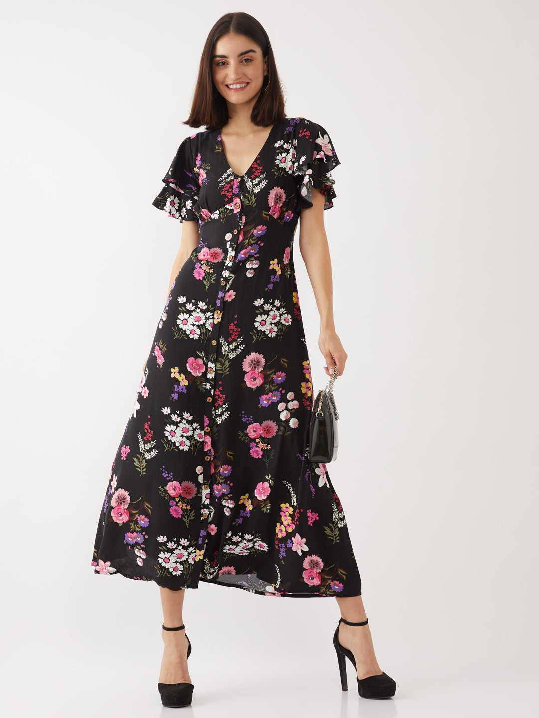 Black Printed Flared Sleeve Maxi