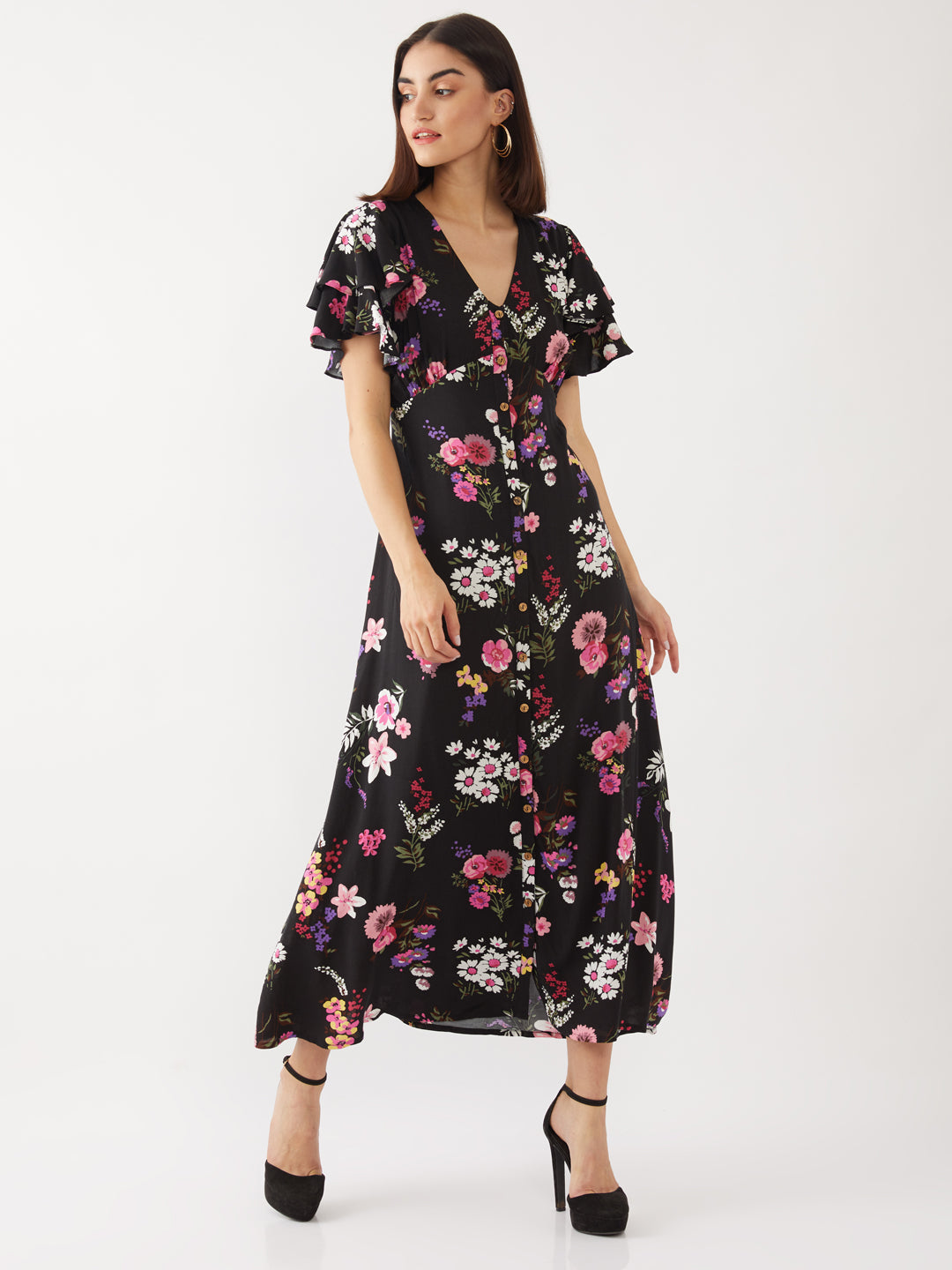 Black Printed Flared Sleeve Maxi