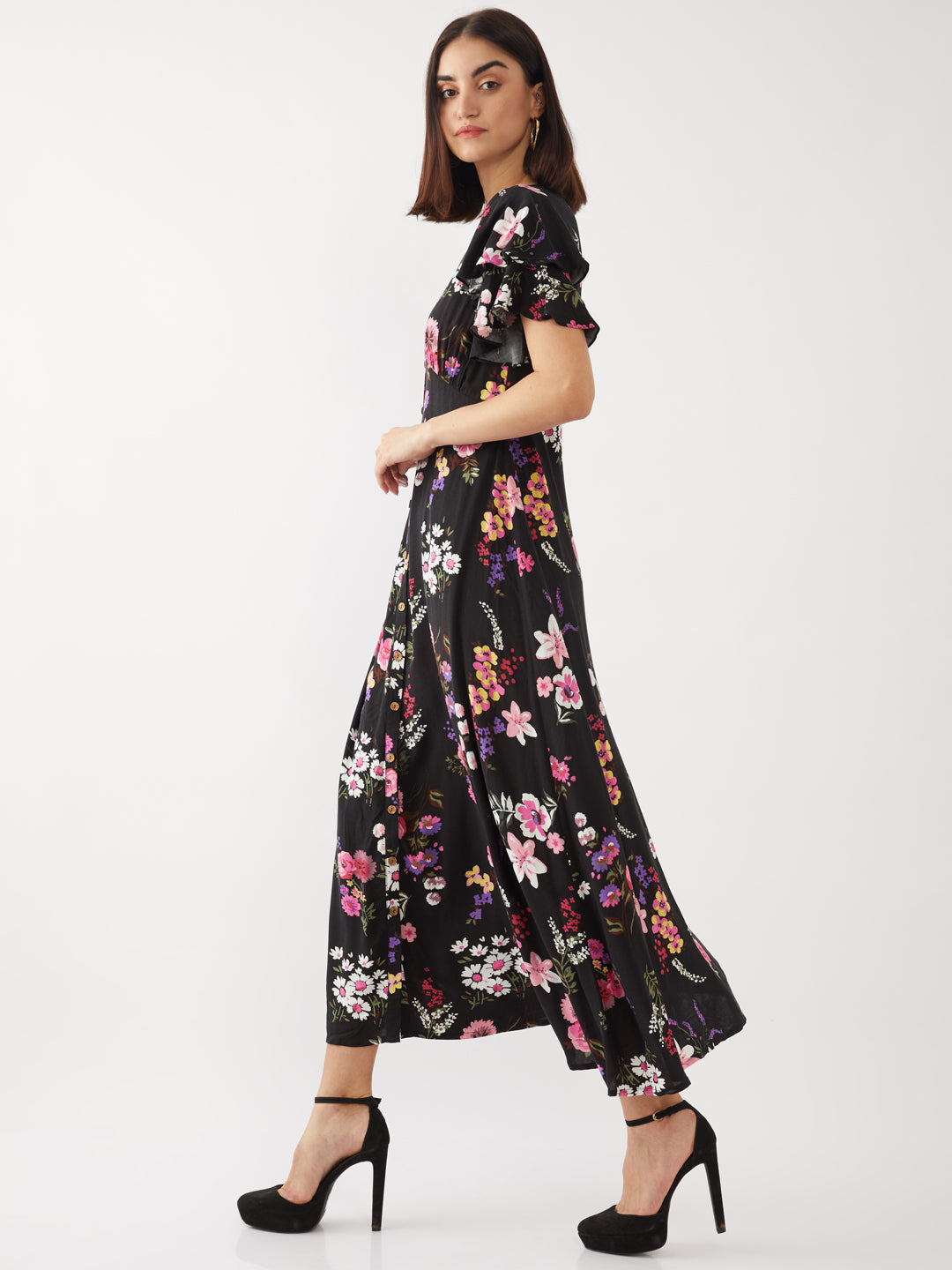 Black Printed Flared Sleeve Maxi