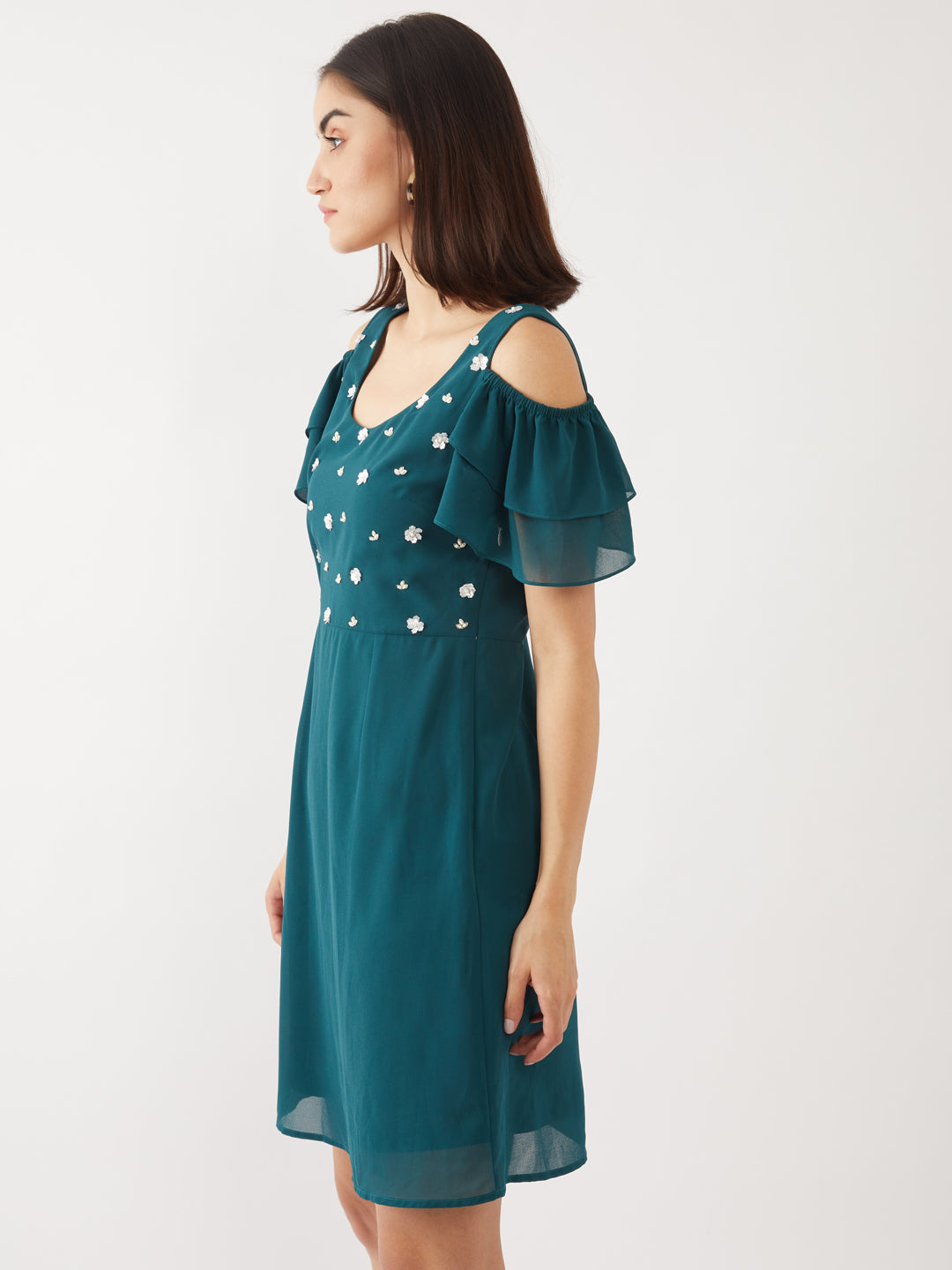 Teal Embellished Flared Sleeve Short Dress For Women