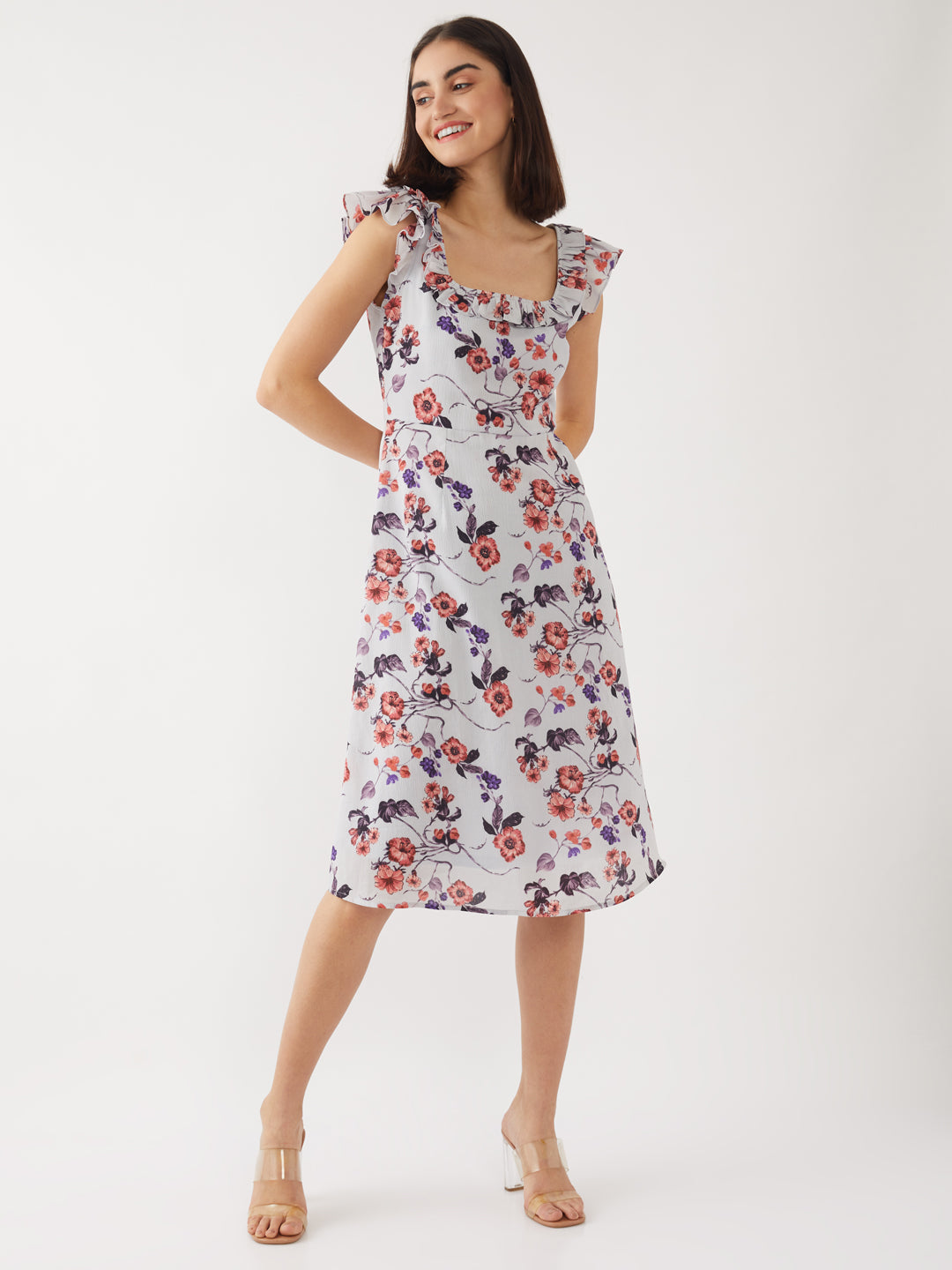 Blue Printed Ruffled Midi