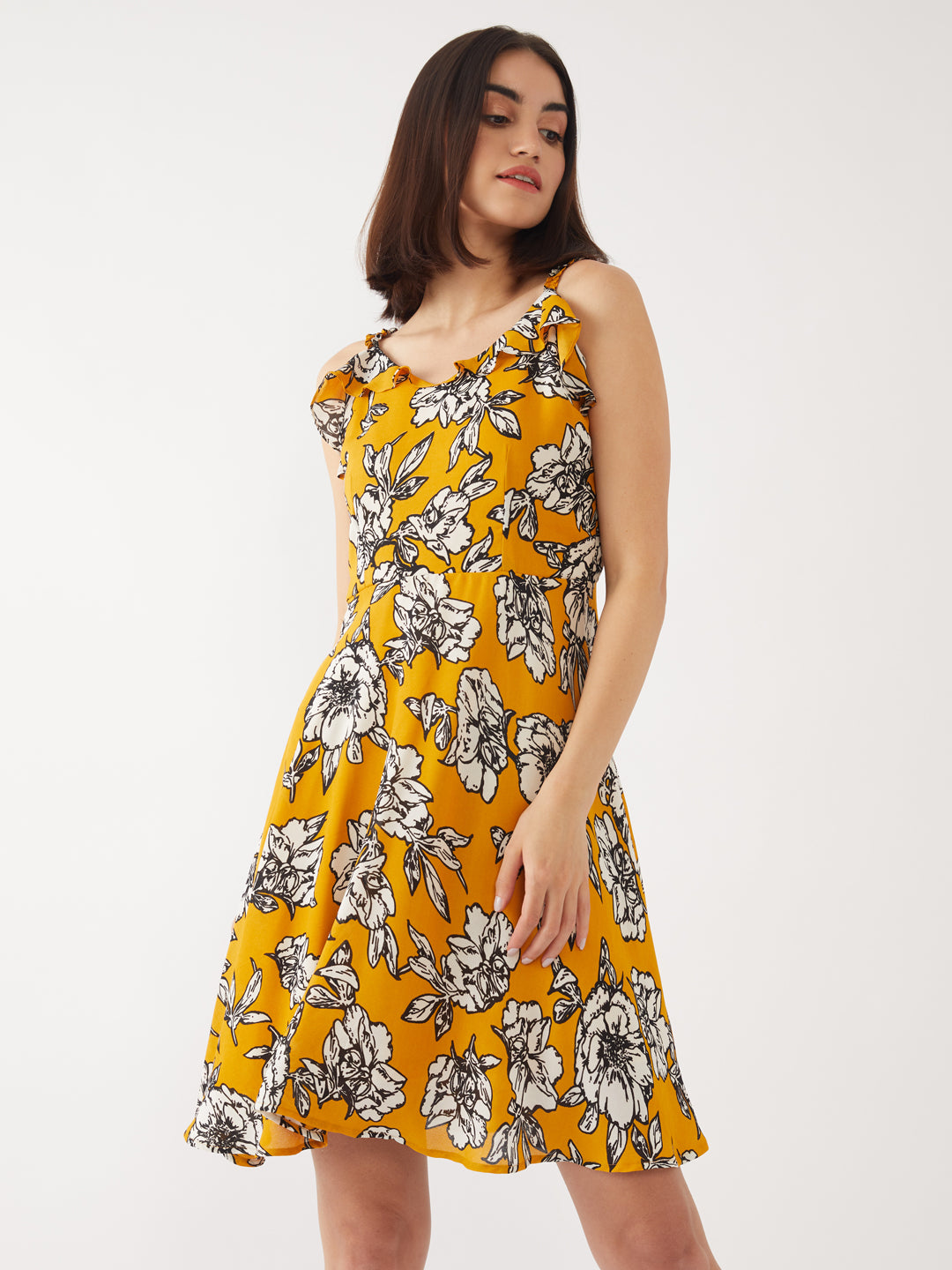 Yellow Printed Strappy Short Dress