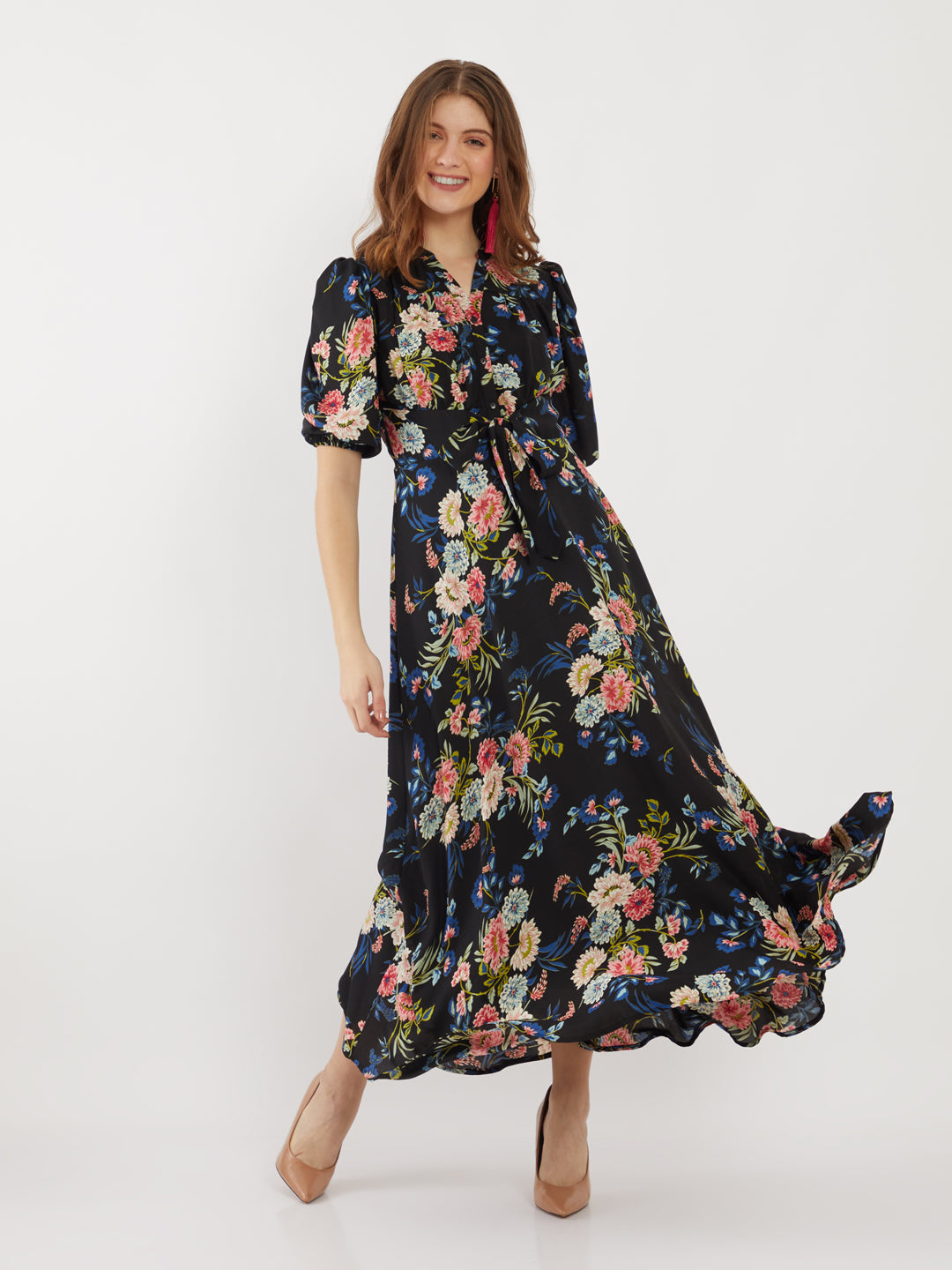 Black Printed Puff Sleeve Maxi