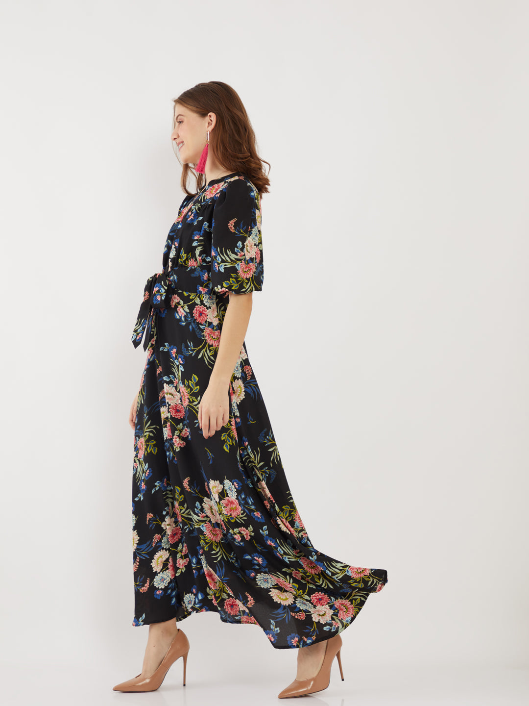 Black Printed Puff Sleeve Maxi