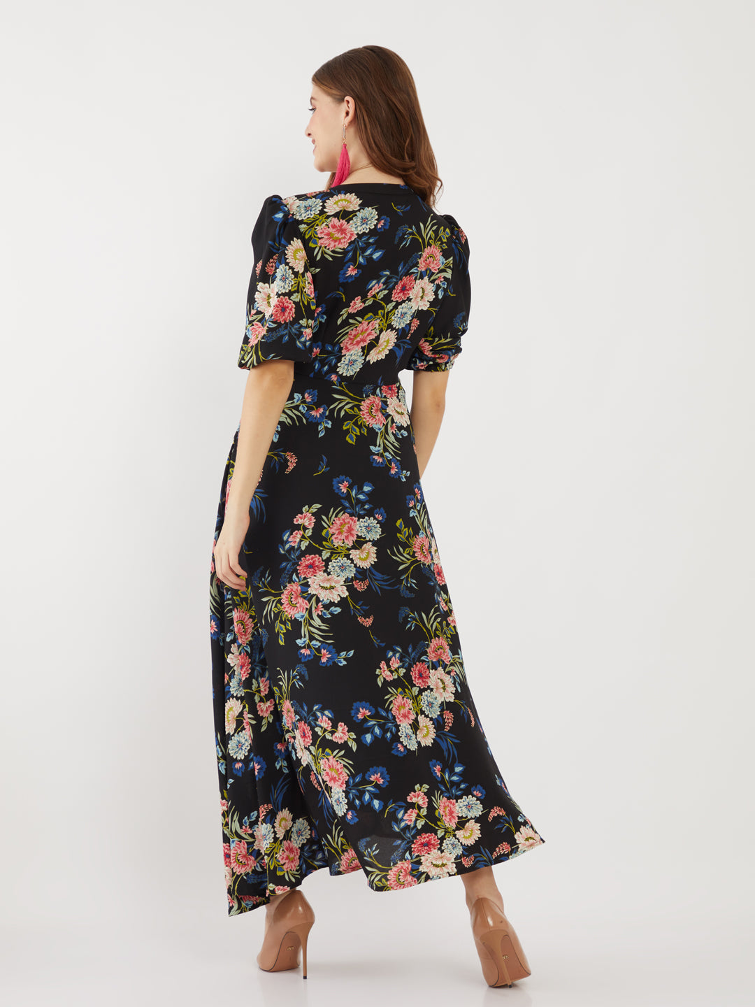 Black Printed Puff Sleeve Maxi