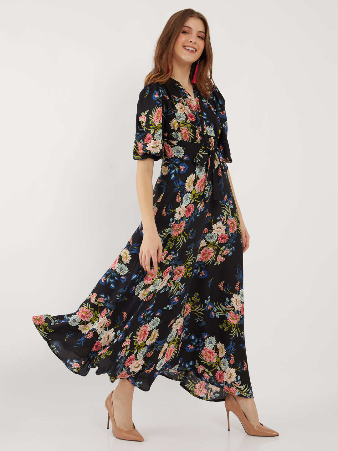 Black Printed Puff Sleeve Maxi