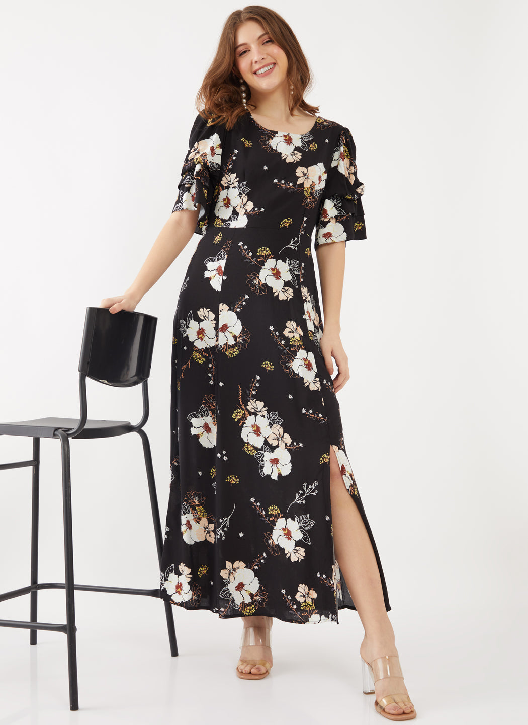 Black Printed Puff Sleeve Maxi