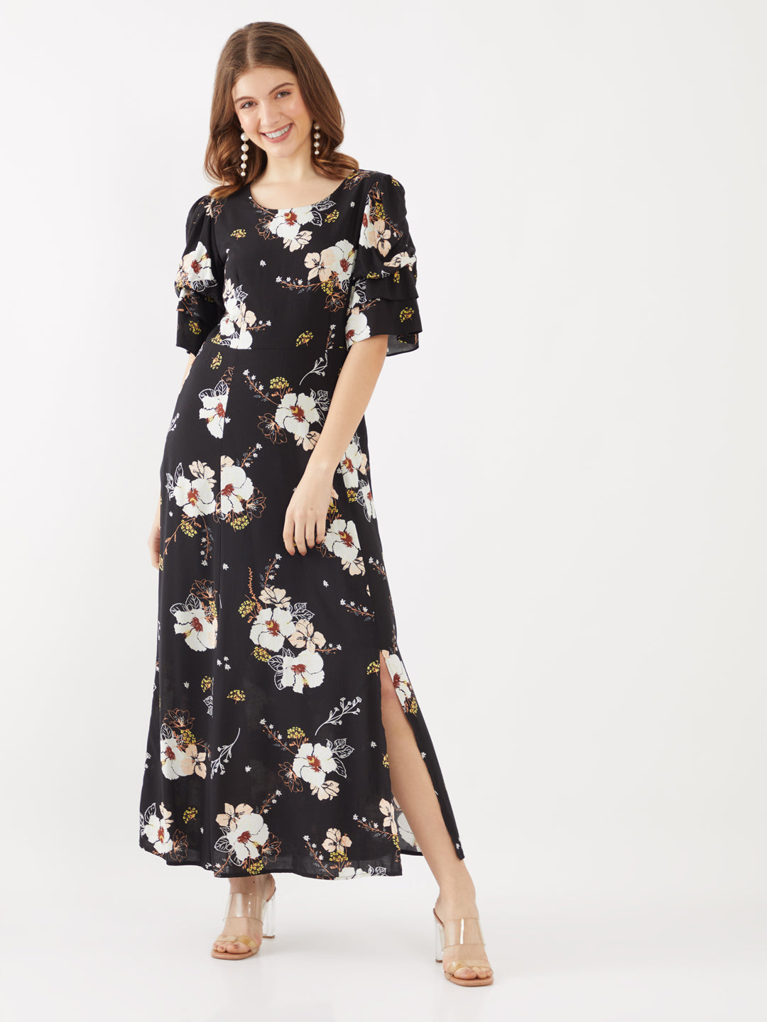 Black Printed Puff Sleeve Maxi