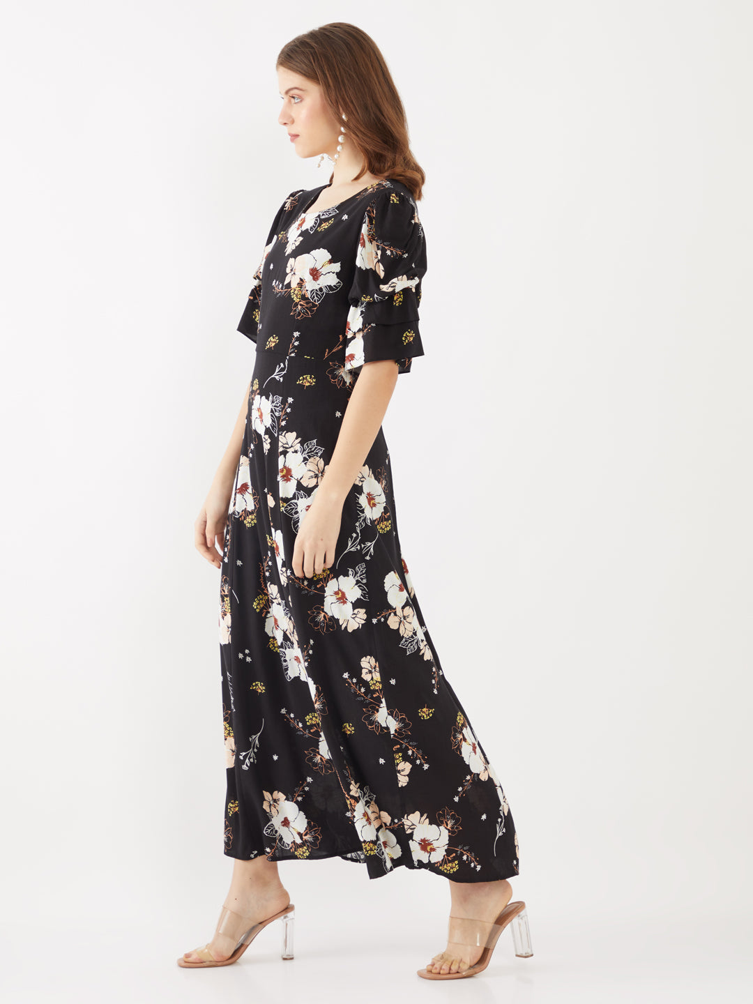 Black Printed Puff Sleeve Maxi