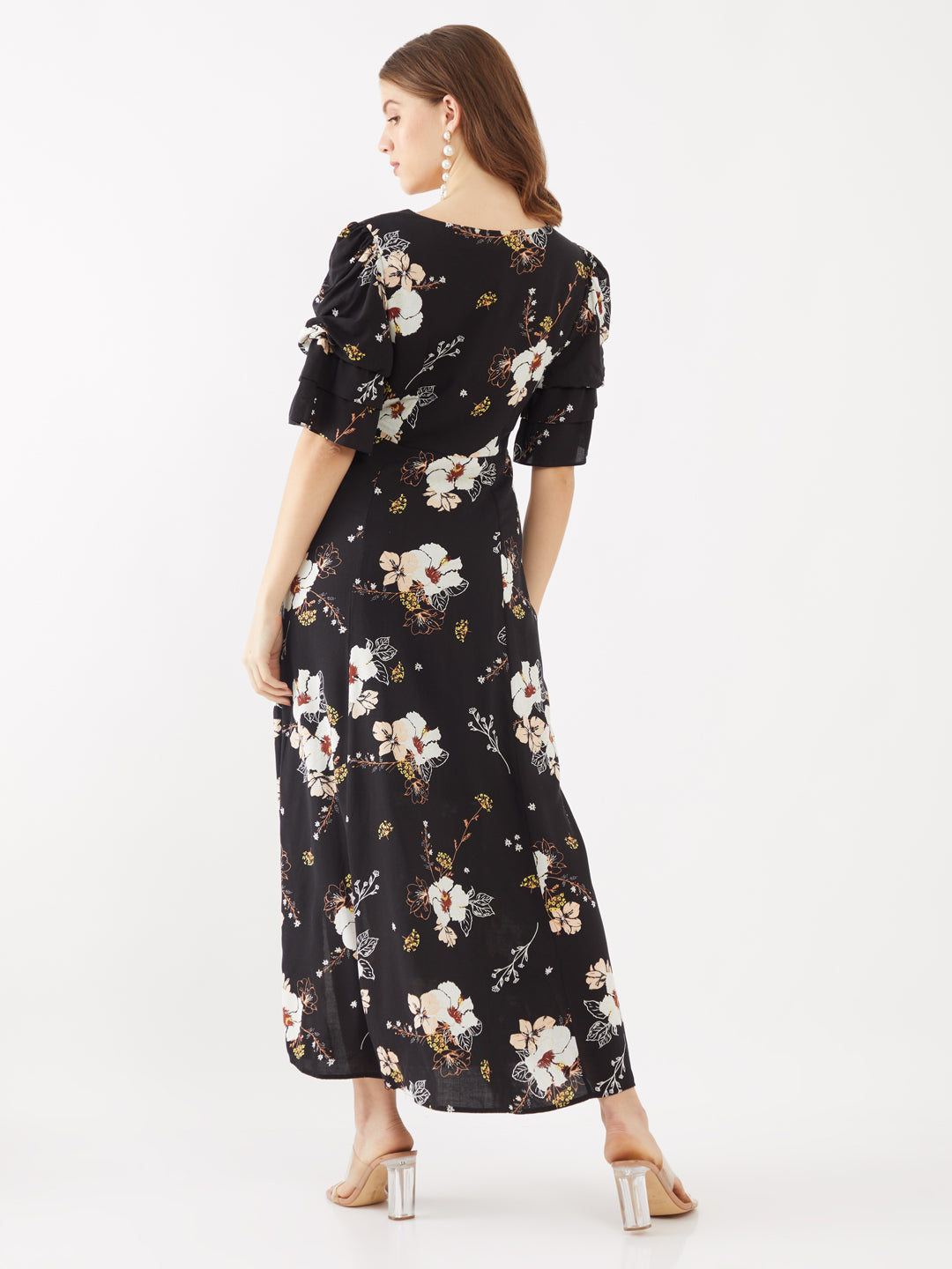 Black Printed Puff Sleeve Maxi