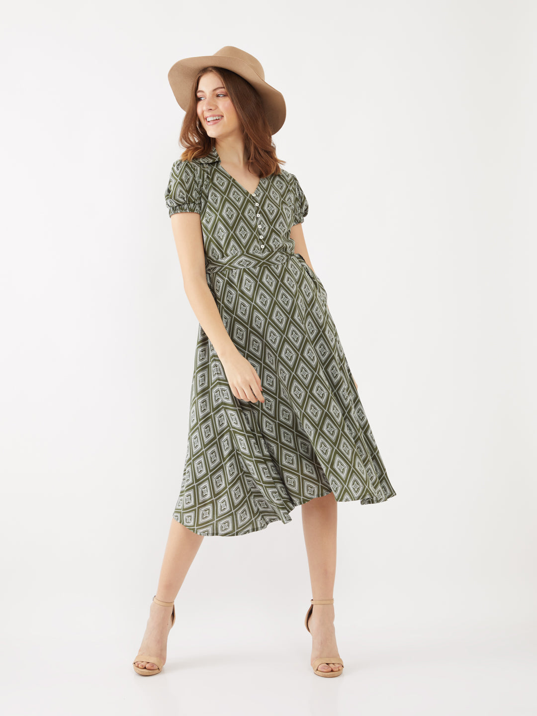 Green Printed Puff Sleeve Midi Dress