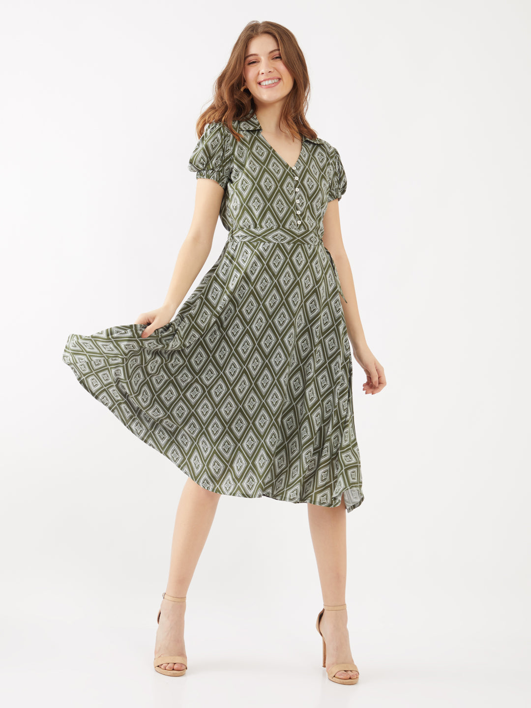 Green Printed Puff Sleeve Midi Dress