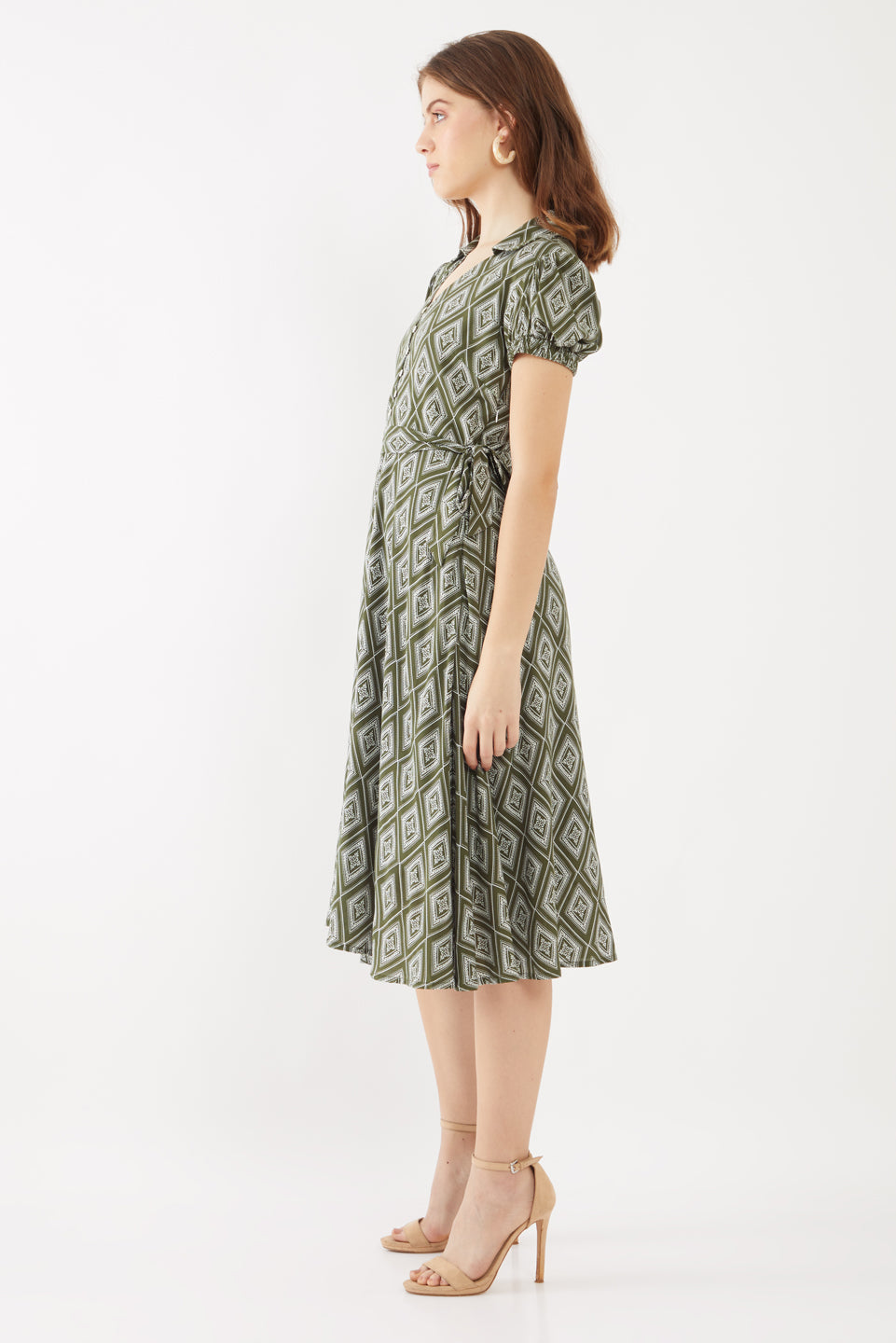 Green Printed Puff Sleeve Midi Dress