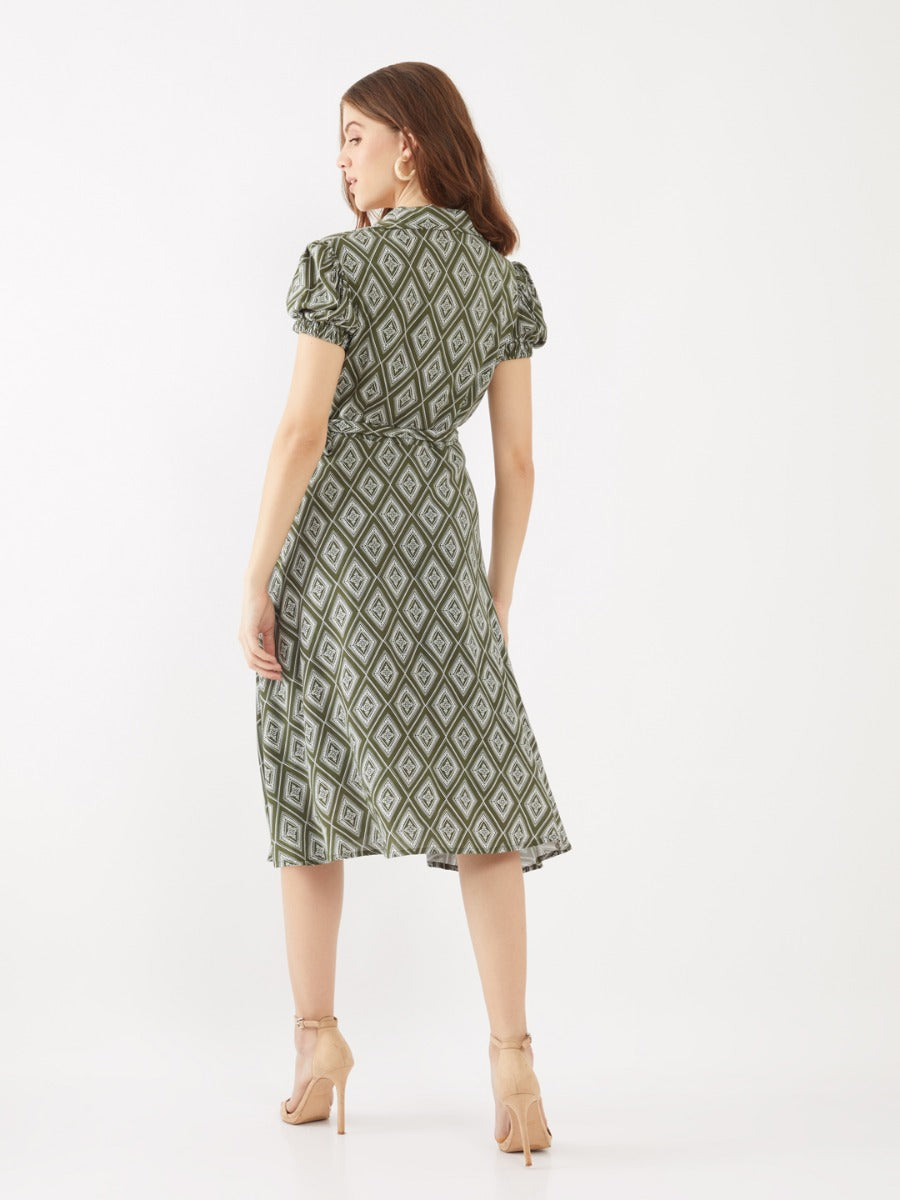 Green Printed Puff Sleeve Midi Dress