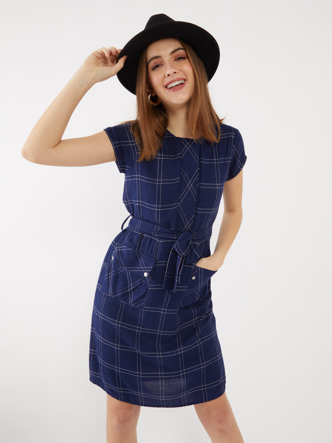 Navy Checked Short Dress