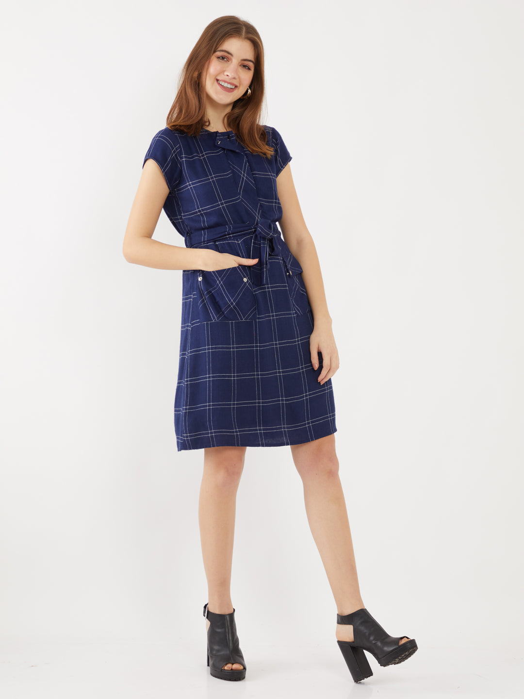 Navy Checked Short Dress